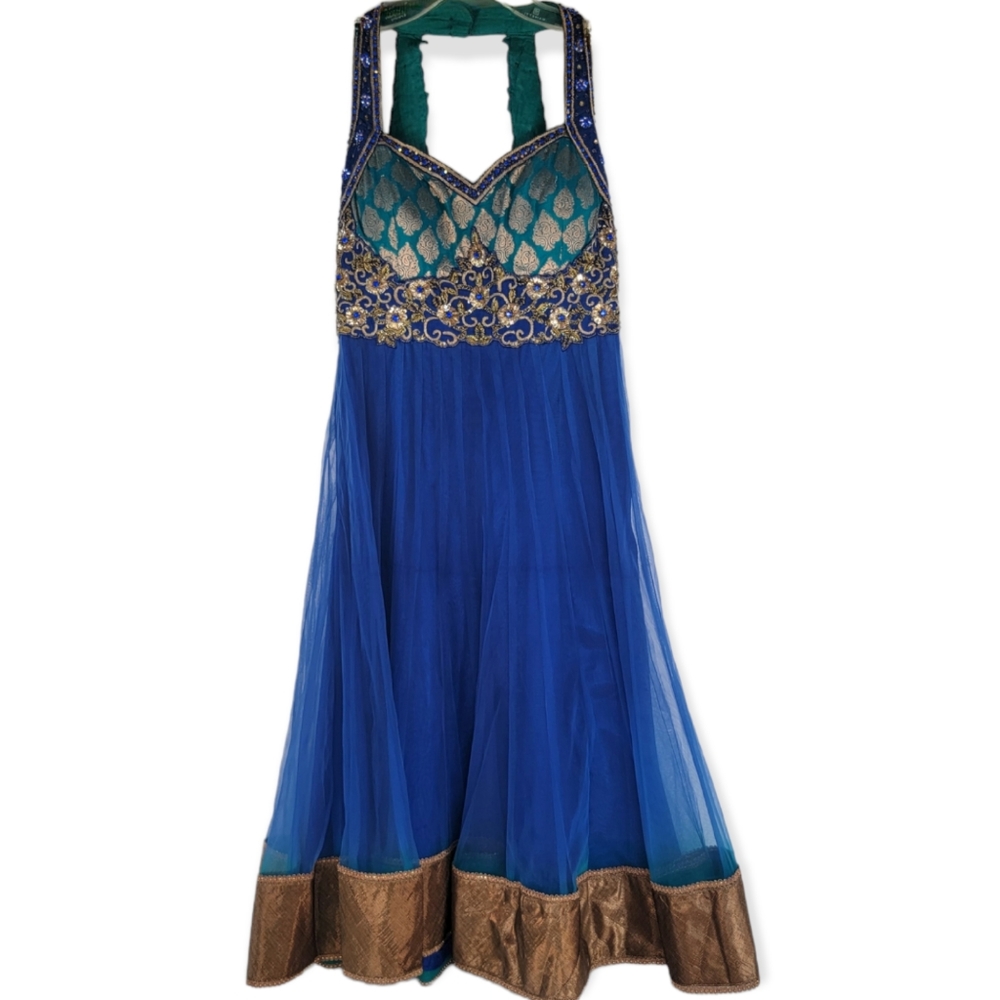 Royal Blue Embellished Halter Midi Dress with Gold Trim